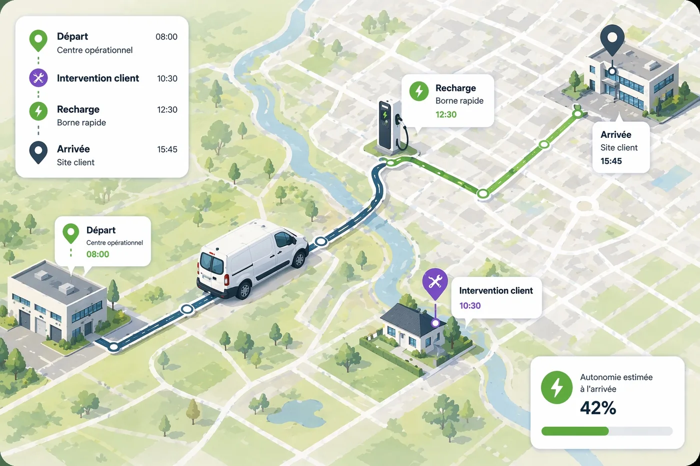 Trajet d'un véhicule d'entreprise avec recharge intégrée