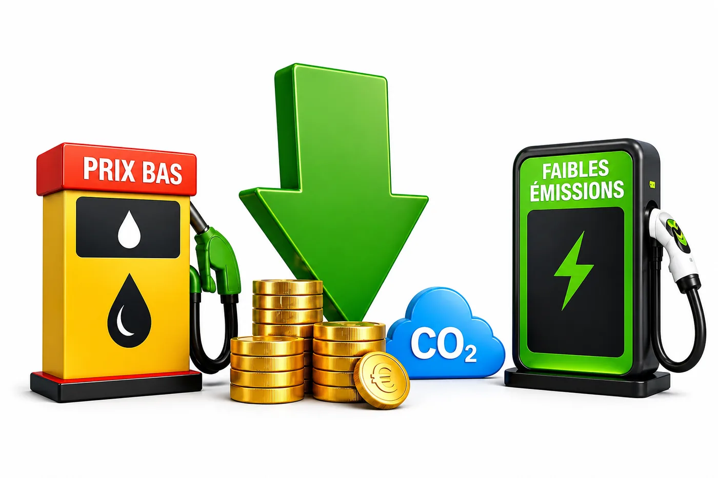Illustration montrant une pompe carburant low cost, une borne de recharge low CO2, une flèche descendante, des pièces de monnaie et un nuage CO2 pour représenter la réduction des coûts de flotte et des émissions de CO2 avec Qivia.